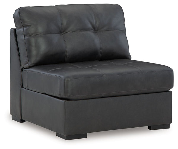 This armless chair is made with a combination of 100% top grain leather and faux leather upholstery. Fully finished on all sides, it pairs with other items in the series to make a modular sectional.<br><br><b>Additional Dimensions</b><br><ul><li>Seat dept