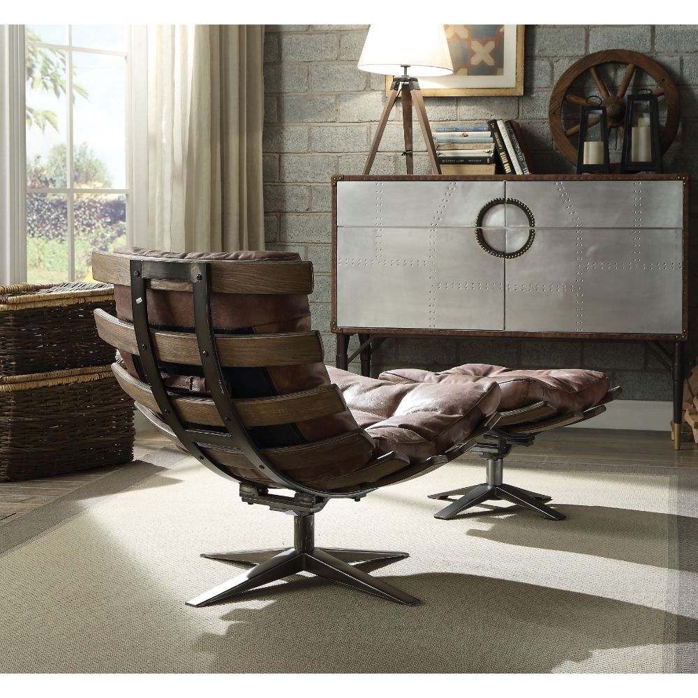 Assambled, 2Pc Pack Chair & Ottoman (No Storage) Armless Lounge Chair (High Backrest) Swivel Seat (360 Degrees, without Lift) Padded BACK & SEAT: Top Grain Leather, Button Tufted, Slatted Wood Frame Outside & Metal Base Loose Back & Seat Cushion (1) CONST