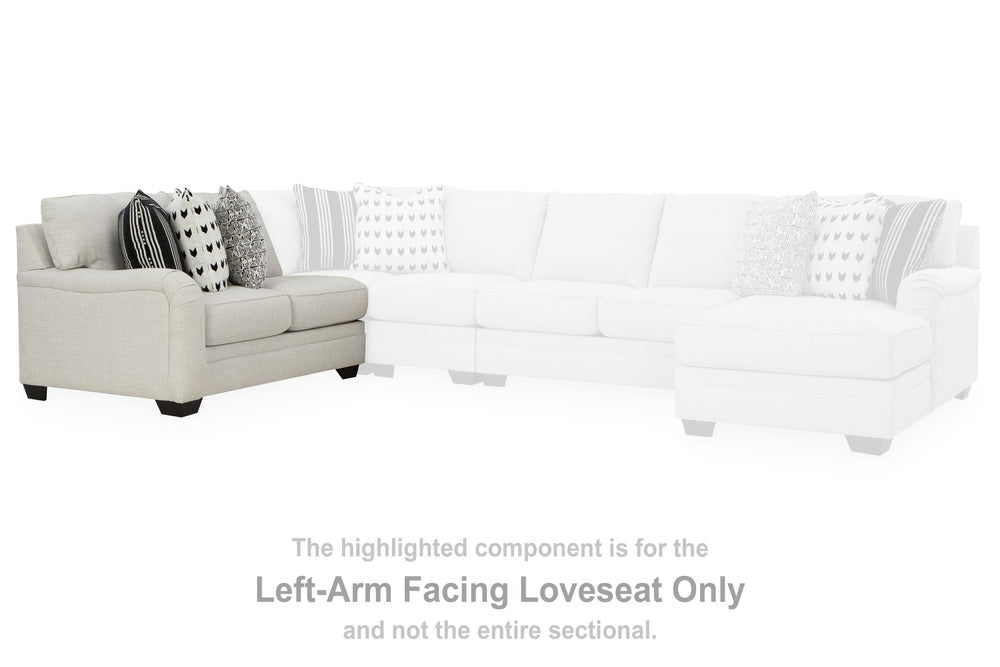 This left-arm facing loveseat is made with polyester/linen/viscose upholstery. Pairs with other items in the series to make a sectional.<br><br><b>Additional Dimensions</b><br><ul><li>Arm height: 27-"</li><li>Seat depth: 23-"</li><li>Seat height: 21-"</li