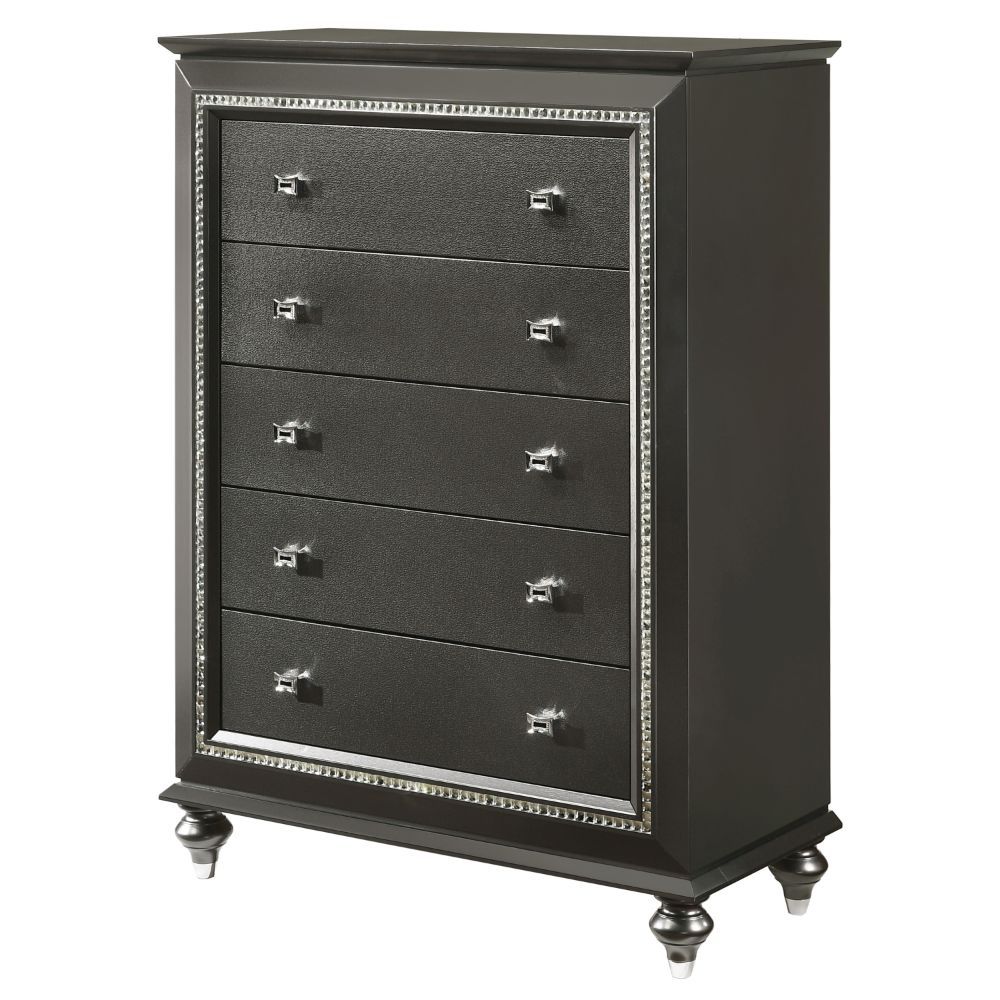 The Kaitlyn chest provides a commanding presence in any room. Crafted with a transitional look that is an ideal addition to any bedroom, the chest is accented with textured front and a crystal-like sparkling trim. Its crystal-like trimming creates dazzlin