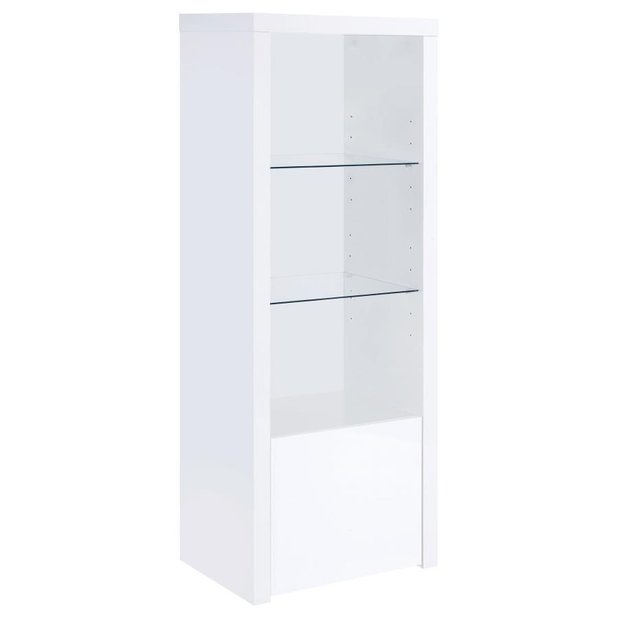 Extend a media console or add easy display space in a den or bedroom with this contemporary tower. Designed to accompany the matching media console, the tower adds a lower cabinet with shelving inside, and a pair of glass display shelves. Itâ€™s the perfe