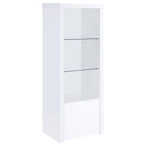 Extend a media console or add easy display space in a den or bedroom with this contemporary tower. Designed to accompany the matching media console, the tower adds a lower cabinet with shelving inside, and a pair of glass display shelves. Itâ€™s the perfe