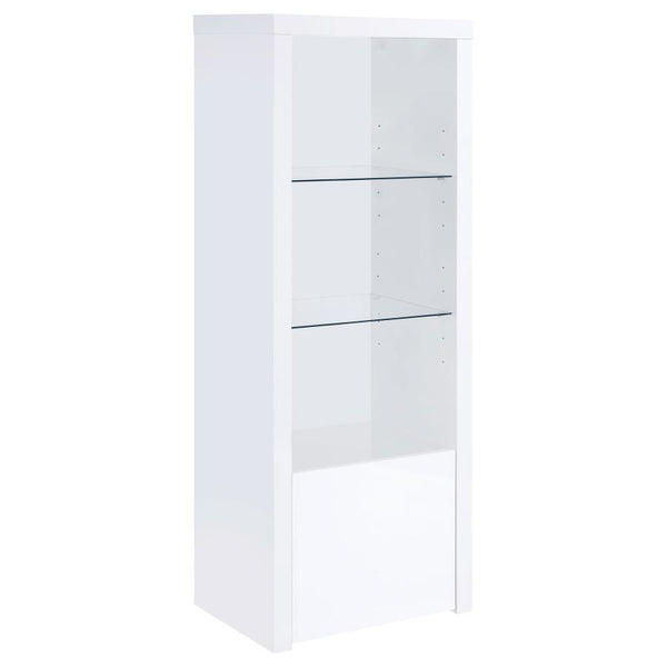 Extend a media console or add easy display space in a den or bedroom with this contemporary tower. Designed to accompany the matching media console, the tower adds a lower cabinet with shelving inside, and a pair of glass display shelves. Itâ€™s the perfe