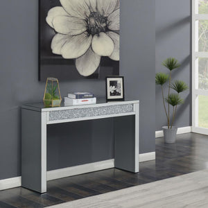  highlighted by a central inlay of sparkling acrylic crystals. The sturdy frame and smooth mirrored surfaces create a striking