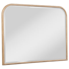 This dresser mirror is the perfect accent to brighten and expand your bedroom space. The clean lines of the frame are finished in beige oak, offering a neutral, sophisticated look that pairs seamlessly with various decor styles. The mirror enhances light 