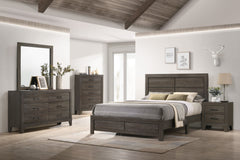 This bedroom collection showcases a rustic yet refined aesthetic, ideal for creating a tranquil and cozy retreat. The ensemble features a robust bed with a clean-lined headboard that brings a touch of rustic charm. The wood grain finish is complemented by