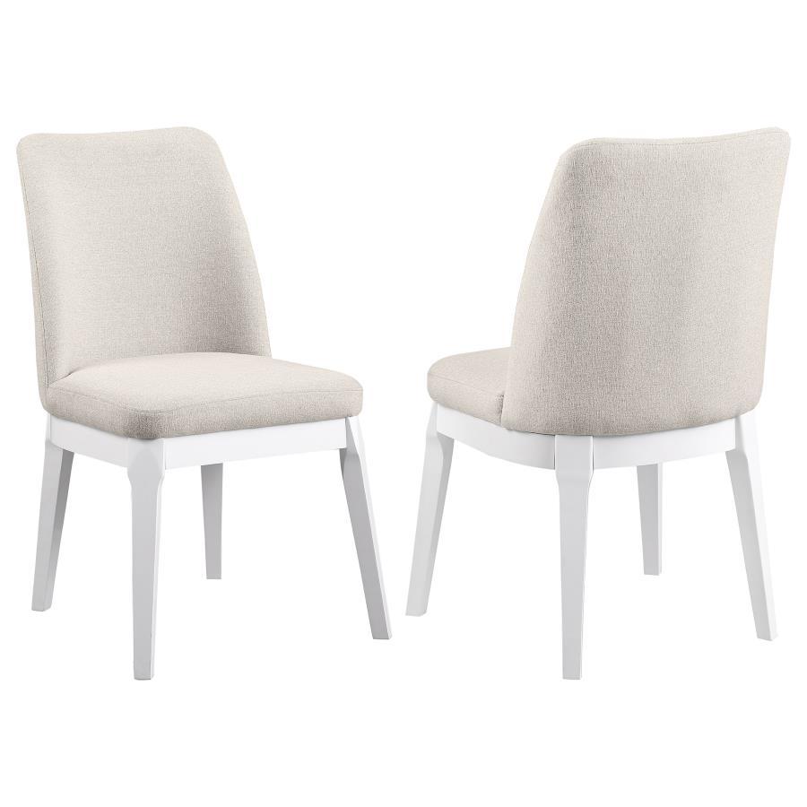 Instill a light, airy sensibility with a set of two modern dining chairs. Each side chair offers excellent comfort and support, complete with foam cushions and rubberwood framing. The set features a white finish over straight, splayed legs and an apron, c