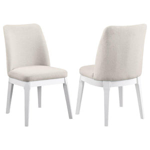 Instill a light, airy sensibility with a set of two modern dining chairs. Each side chair offers excellent comfort and support, complete with foam cushions and rubberwood framing. The set features a white finish over straight, splayed legs and an apron, c