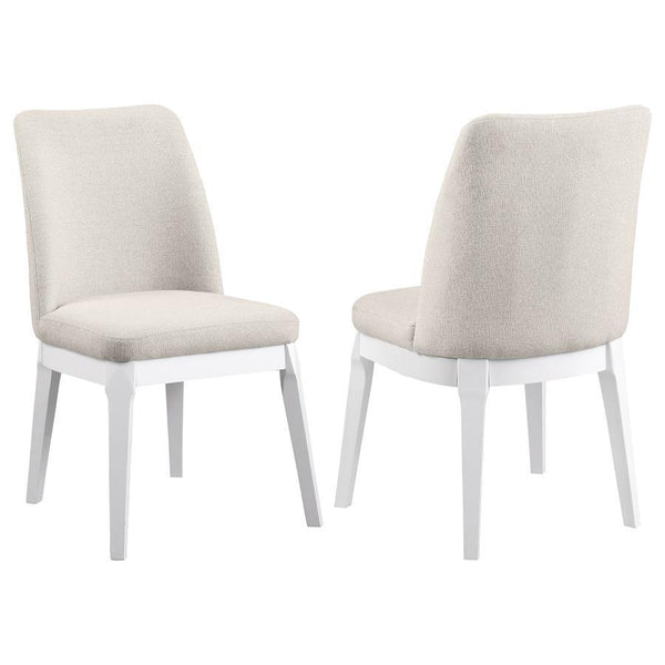 Instill a light, airy sensibility with a set of two modern dining chairs. Each side chair offers excellent comfort and support, complete with foam cushions and rubberwood framing. The set features a white finish over straight, splayed legs and an apron, c