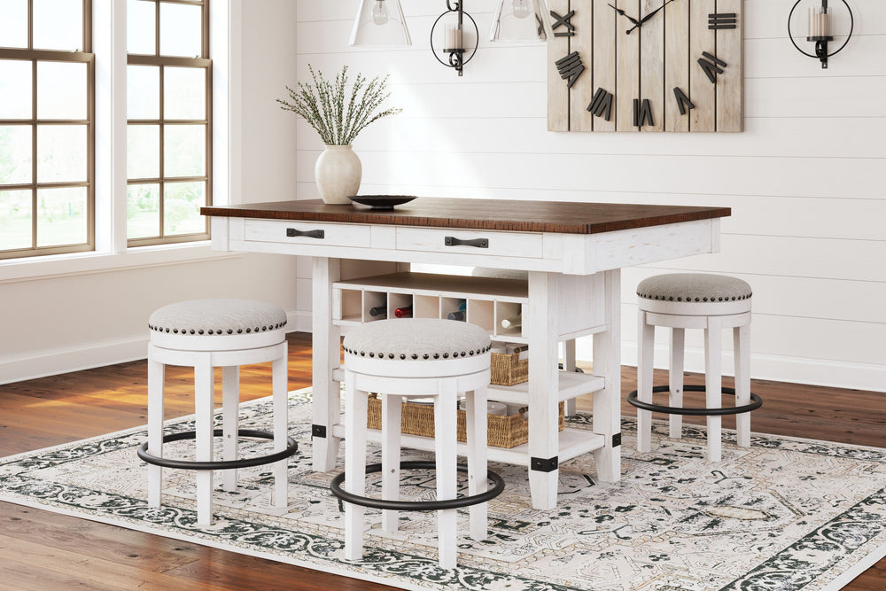 A high-style choice for dining spaces, this counter-height dining set serves up the best in rustic farmhouse living. The table-'s two-tone finish pairs a brown tabletop with a distressed vintage white base for a double helping of charm. It features four s