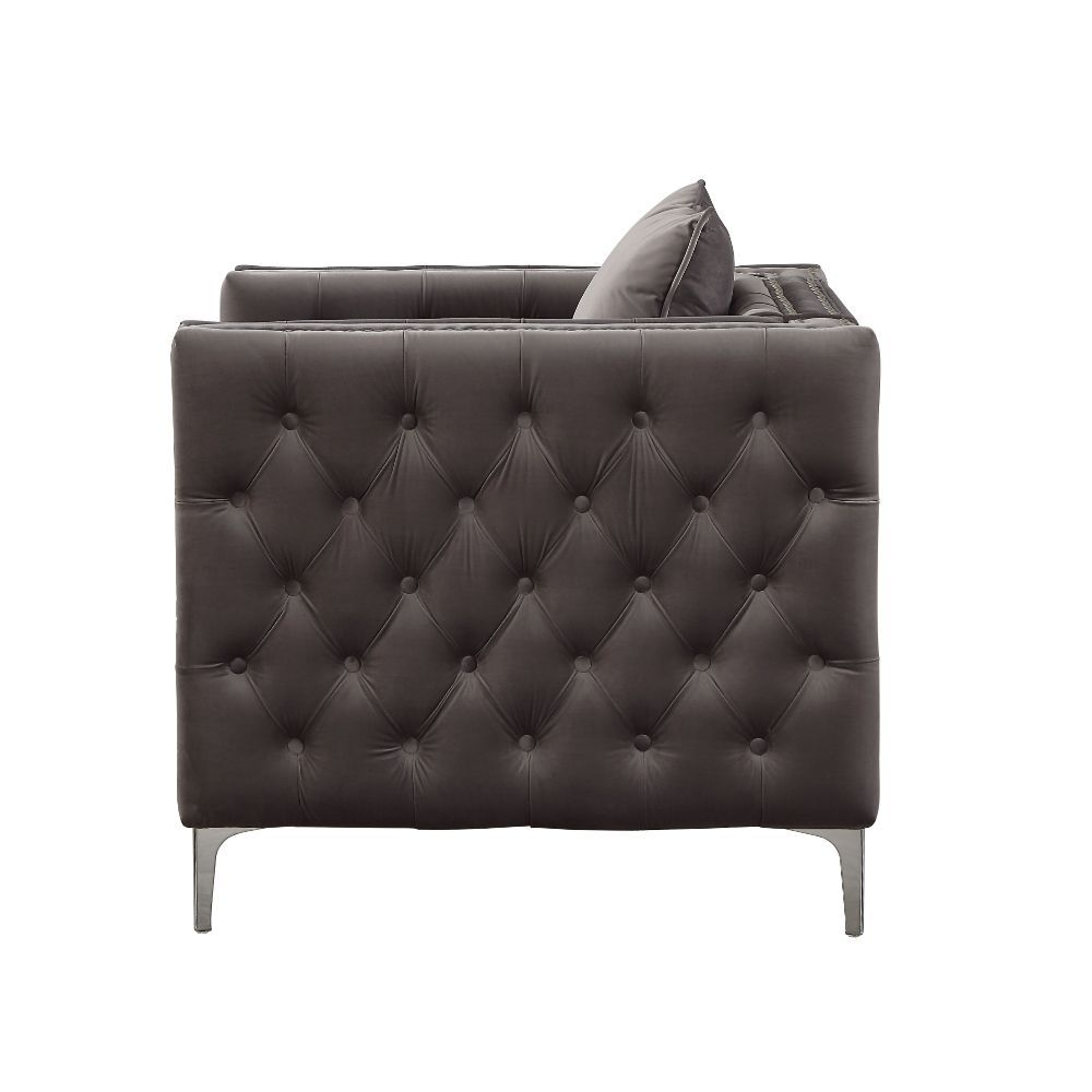 KD â€¢ Features: 1 Pillow, Button Tufted, Nailhead Trim (Arms, Back) â€¢ Tight Back & Loose Seat Cushion (1+1) â€¢ Backrest Style: Shelter/Chesterfield (Button Tufted Inside Only) â€¢ Seat Construction: Pocket Coil, Inside Frame: Wood & Foam, Box Seat Cus