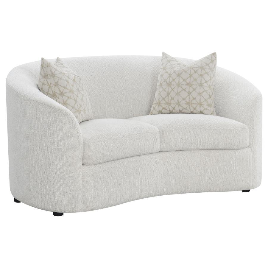 Transform your contemporary living room with this mid-century modern-inspired boucle loveseat, featuring a neutral latte boucle upholstery that presents an inviting and cozy retreat. Gracefully curved and sloped armrests, two plush cushions, and a tailore