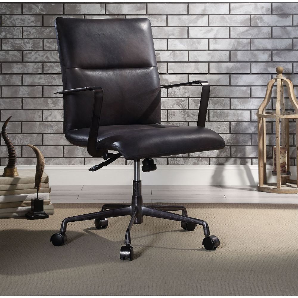 KD, Executive Arm Office Chair â€¢ Seat: Swivel (360 Degrees), Adjustable Height (Pneumatic Lift), Square Shape â€¢ Padded Seat & Back: Top Grain Leather (Vintage Pattern) â€¢ Backrest: Horizontal Tufted () â€¢ Metal Armrest: Top Grain Leather (Open Frame
