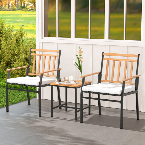 Acacia wood backrest  armrest and tabletop for longevity and beauty<br>Supported by heavy-duty metal frame for high stability<br>Ergonomic chairs with curved backrest and elastic bungee rope seat<br>Soft seat cushions for more coziness<br>Easy to clean wi