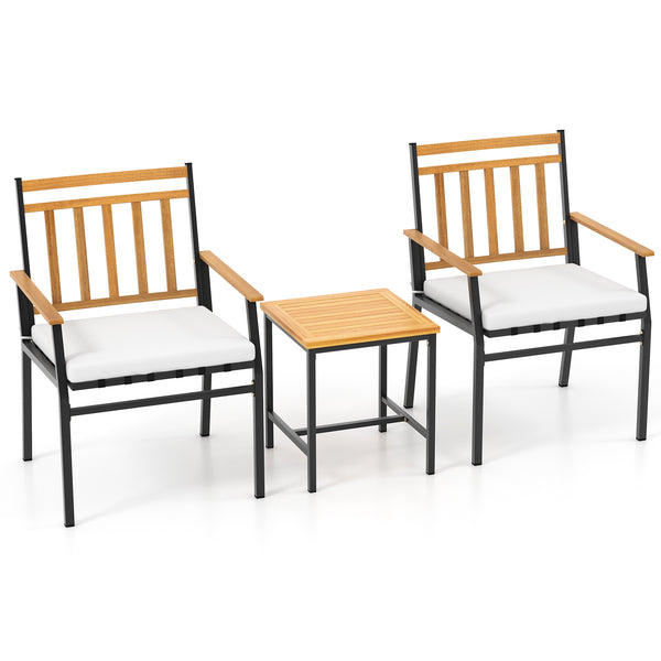 Acacia wood backrest  armrest and tabletop for longevity and beauty<br>Supported by heavy-duty metal frame for high stability<br>Ergonomic chairs with curved backrest and elastic bungee rope seat<br>Soft seat cushions for more coziness<br>Easy to clean wi