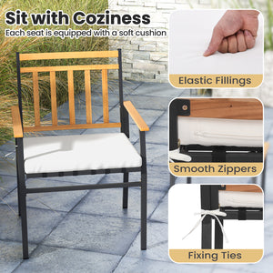 Acacia wood backrest  armrest and tabletop for longevity and beauty<br>Supported by heavy-duty metal frame for high stability<br>Ergonomic chairs with curved backrest and elastic bungee rope seat<br>Soft seat cushions for more coziness<br>Easy to clean wi