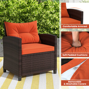The strong and sturdy steel frame ensures the sturdiness of the set<br>Hand-woven rattan can withstand moderate rain or wind in outdoor<br>A wide armrest in suitable height is good for supporting and relaxing your arm<br>Thick and soft cushion with a high