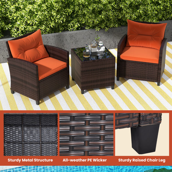 The strong and sturdy steel frame ensures the sturdiness of the set<br>Hand-woven rattan can withstand moderate rain or wind in outdoor<br>A wide armrest in suitable height is good for supporting and relaxing your arm<br>Thick and soft cushion with a high