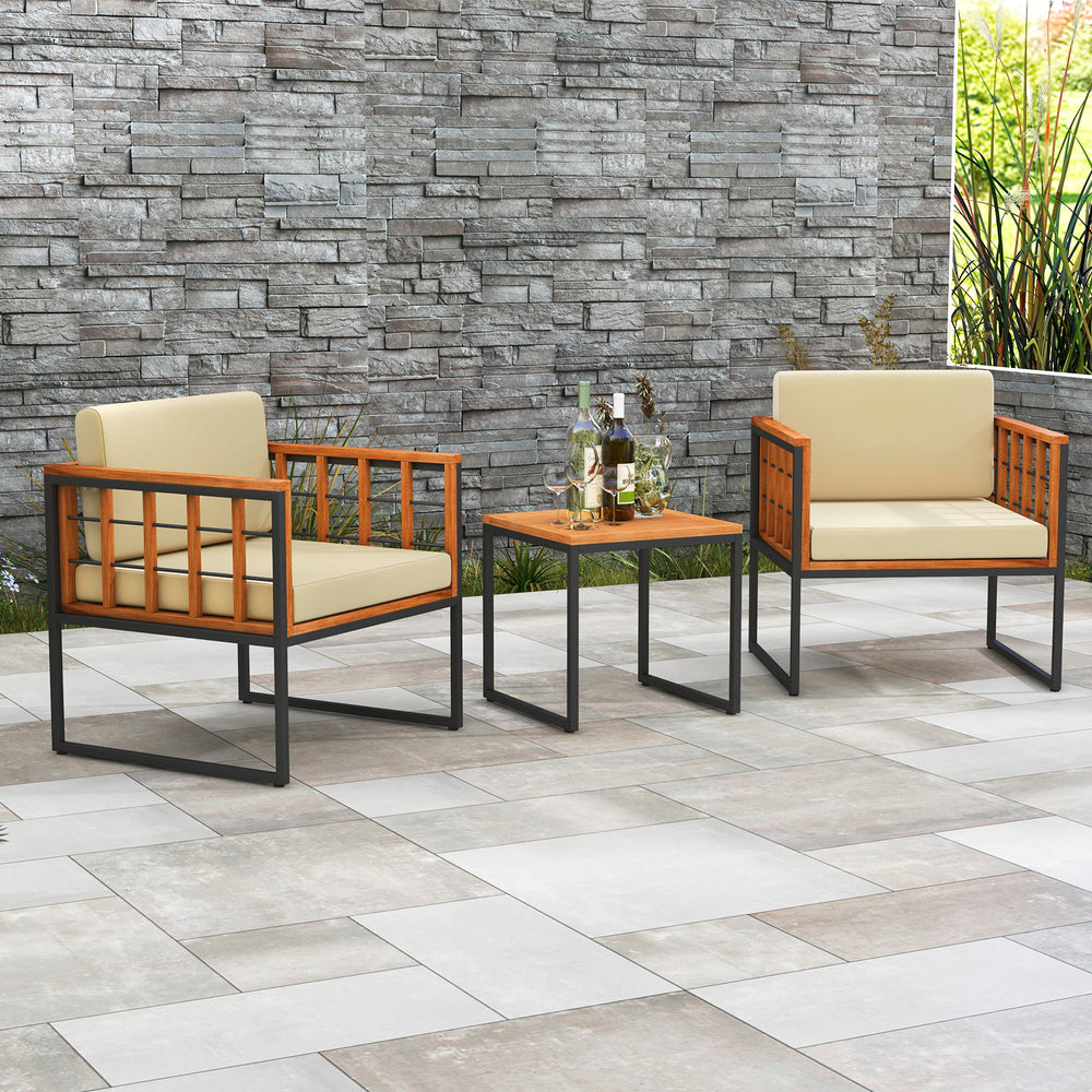 Acacia wood tabletop and seat for elegance and longevity<br>Heavy-duty and rustproof metal frame for strong support<br>Soft cushions make seats much cozier to sit<br>Smooth zippers for easy removal and cleaning of cushion cover<br>Fixing ties prevent the 