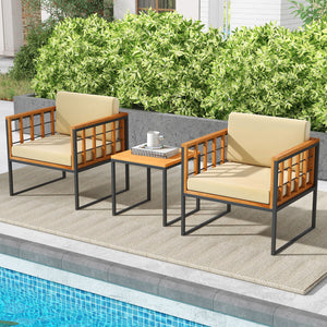 Acacia wood tabletop and seat for elegance and longevity<br>Heavy-duty and rustproof metal frame for strong support<br>Soft cushions make seats much cozier to sit<br>Smooth zippers for easy removal and cleaning of cushion cover<br>Fixing ties prevent the 