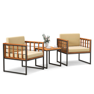 Acacia wood tabletop and seat for elegance and longevity<br>Heavy-duty and rustproof metal frame for strong support<br>Soft cushions make seats much cozier to sit<br>Smooth zippers for easy removal and cleaning of cushion cover<br>Fixing ties prevent the 