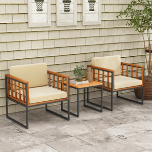 Acacia wood tabletop and seat for elegance and longevity<br>Heavy-duty and rustproof metal frame for strong support<br>Soft cushions make seats much cozier to sit<br>Smooth zippers for easy removal and cleaning of cushion cover<br>Fixing ties prevent the 