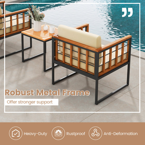 Acacia wood tabletop and seat for elegance and longevity<br>Heavy-duty and rustproof metal frame for strong support<br>Soft cushions make seats much cozier to sit<br>Smooth zippers for easy removal and cleaning of cushion cover<br>Fixing ties prevent the 