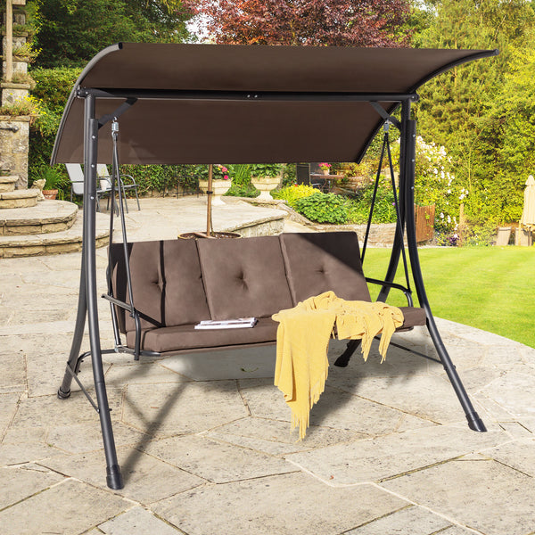 This outdoor porch swing with canopy can provide you with comfortable sitting feeling  letting you have a good leisure time and relieve stress. Â  The porch swing features heavy-duty steel frame  triangular base and solid springs hooks  bearing up to 800 