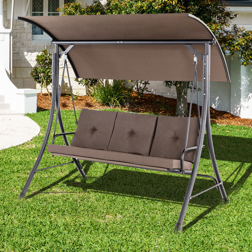 This outdoor porch swing with canopy can provide you with comfortable sitting feeling  letting you have a good leisure time and relieve stress. Â  The porch swing features heavy-duty steel frame  triangular base and solid springs hooks  bearing up to 800 