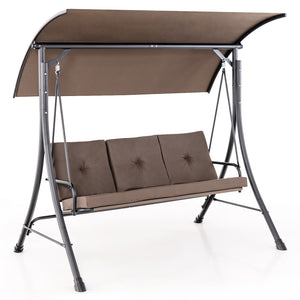 This outdoor porch swing with canopy can provide you with comfortable sitting feeling  letting you have a good leisure time and relieve stress. Â  The porch swing features heavy-duty steel frame  triangular base and solid springs hooks  bearing up to 800 