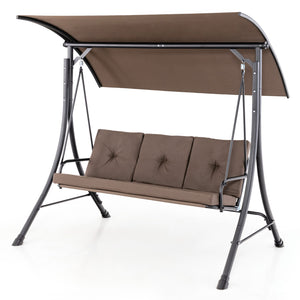 This outdoor porch swing with canopy can provide you with comfortable sitting feeling  letting you have a good leisure time and relieve stress. Â  The porch swing features heavy-duty steel frame  triangular base and solid springs hooks  bearing up to 800 