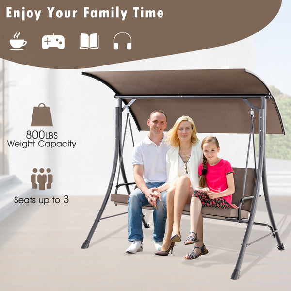 This outdoor porch swing with canopy can provide you with comfortable sitting feeling  letting you have a good leisure time and relieve stress. Â  The porch swing features heavy-duty steel frame  triangular base and solid springs hooks  bearing up to 800 