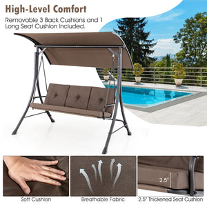 This outdoor porch swing with canopy can provide you with comfortable sitting feeling  letting you have a good leisure time and relieve stress. Â  The porch swing features heavy-duty steel frame  triangular base and solid springs hooks  bearing up to 800 
