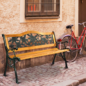 Consist of well-painted iron cast structure  solid wood seat and backrest frame  and PVC backrest pattern Come with a size of 49.5" x 20.5" x 30" and features a strong load-bearing capacity of up to 463 lbs Able to comfortably seat three medium-sized adul