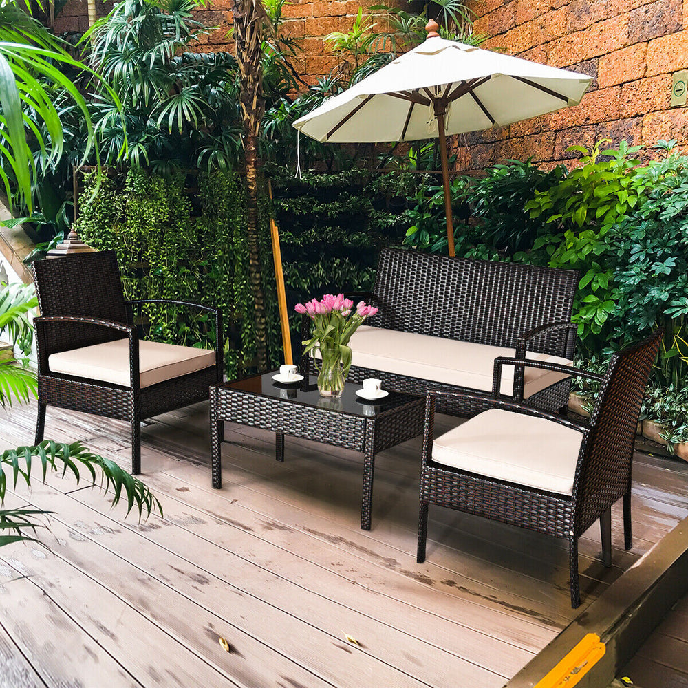 Including 1 loveseat  2 single sofas  and 1 table for a versatile use <br>High-quality steel frame with all-weather PE rattan wicker <br>Durable and sturdy for long-term service time <br>Large weight capacity up to 710 lbs (loveseat) <br>Anti-slippery pla