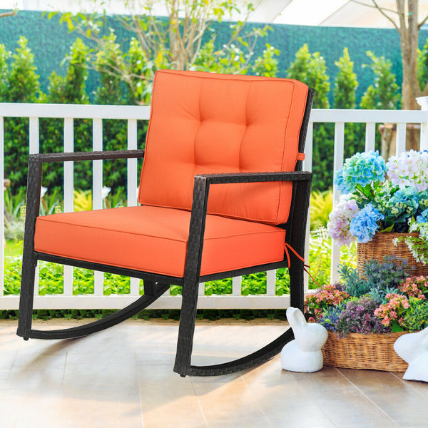 Sturdy and durable frame with exquisite rattan <br>Comfortable and safe rocking function <br>Thick and soft cushion for seat and back <br>Cushions are fixed by strings to prevent a move <br>Pads at the bottom can avoid sliding and protect rattan <br>Desig