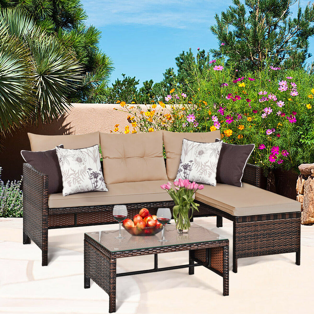 Outdoor sectional sofa  available for 3-4 friends comfortably with a glass table to hold food and drinks <br>Premium transparent tempered glass top  securely placed on the sturdy wicker table  more convenient to clean <br>L-shape design fits any corner of