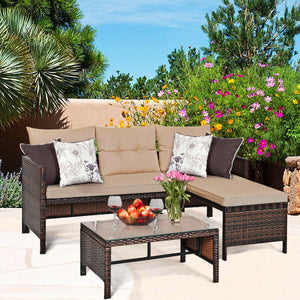 Outdoor sectional sofa  available for 3-4 friends comfortably with a glass table to hold food and drinks <br>Premium transparent tempered glass top  securely placed on the sturdy wicker table  more convenient to clean <br>L-shape design fits any corner of