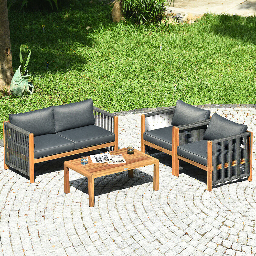 Solid and hard wooden frame enhances sturdiness of the set. <br>Rearrangeable in various configurations to meet your varying needs <br>Thick and soft cushions provide an excellent comfort. <br>Elegant and tight nylon rope decorated armrest. <br>Zipper int