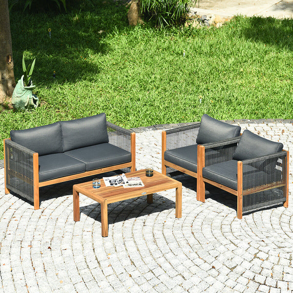 Solid and hard wooden frame enhances sturdiness of the set. <br>Rearrangeable in various configurations to meet your varying needs <br>Thick and soft cushions provide an excellent comfort. <br>Elegant and tight nylon rope decorated armrest. <br>Zipper int