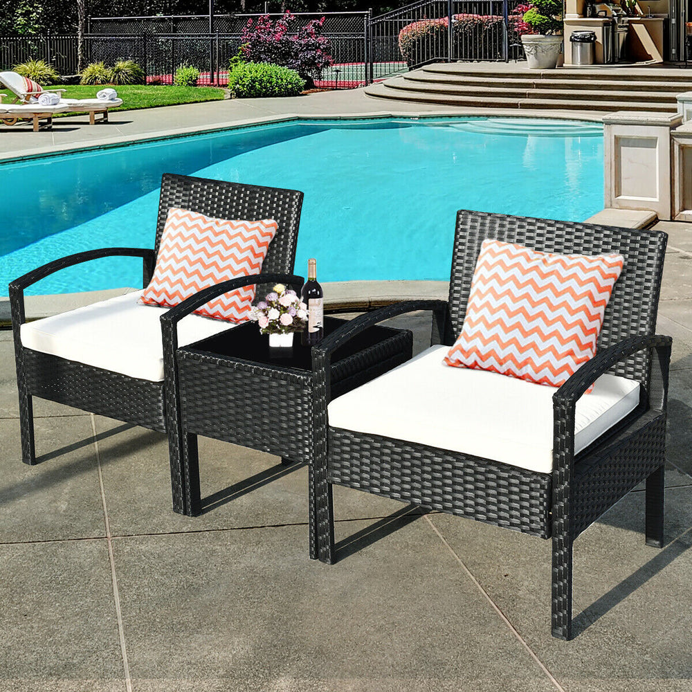 This rattan patio conversation set which will provide you a comfortable experience in your leisure time. Â  This set of outdoor furniture is made of high-quality rattan and strong steel  which is durable and has a long service life. The thick soft cushion