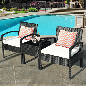 This rattan patio conversation set which will provide you a comfortable experience in your leisure time. Â  This set of outdoor furniture is made of high-quality rattan and strong steel  which is durable and has a long service life. The thick soft cushion