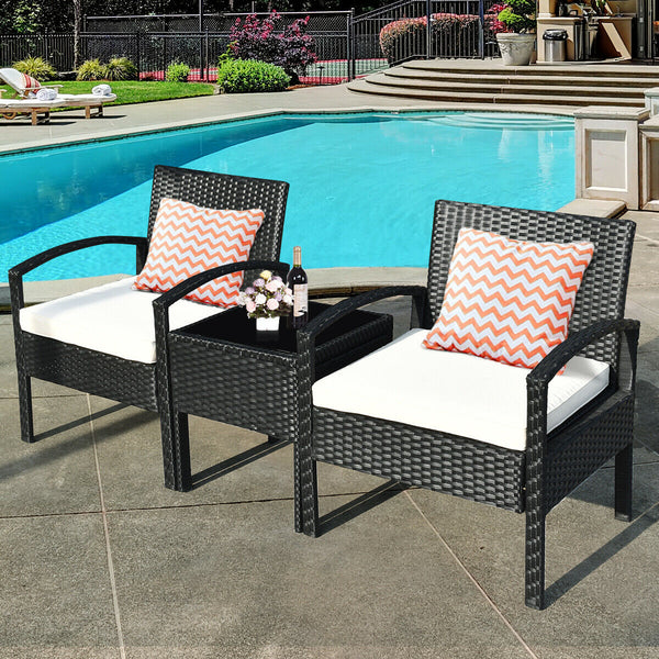 This rattan patio conversation set which will provide you a comfortable experience in your leisure time. Â  This set of outdoor furniture is made of high-quality rattan and strong steel  which is durable and has a long service life. The thick soft cushion