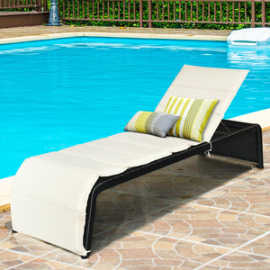 Tightly hand-woven rattan can withstand the moderate change in weather <br>The heavy-duty steel frame ensures the sturdiness of the chaise lounge <br>Adjustable backboard with five different positions <br>Soft and thick cushion for comfortable seating <br