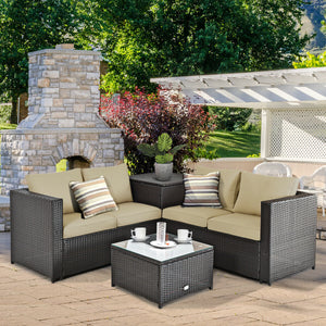 Made of rattan with good toughness and weather-resistant function<br>Reinforced steel frame with excellent stability<br>Padded seat and back cushions for soft and comfortable sitting feeling<br>Coffee table with tempered glass for strong supporting<br>End