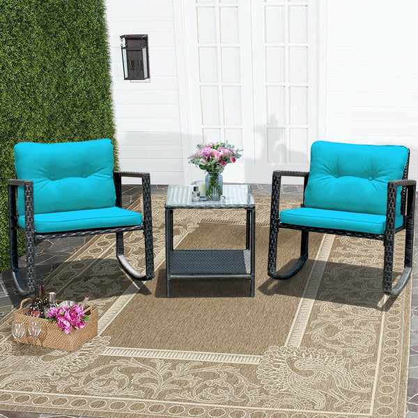 Including 1 table with tempered glass top and 2 rocking chairs <br>Sturdy and heavy steel frame ensures large weight capacity <br>High-quality PE wicker can withstand the moderate change in weather <br>Slightly sloping back and seat of the rocking chair o