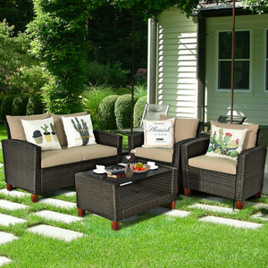 With modern and elegant appearance  the set will fit any style of decoration and decors perfectly. Â  Made of PE wicker and sturdy frame  the set has a large weight capacity and is weather-proof for durable use. Both single chair and loveseat feature ergo