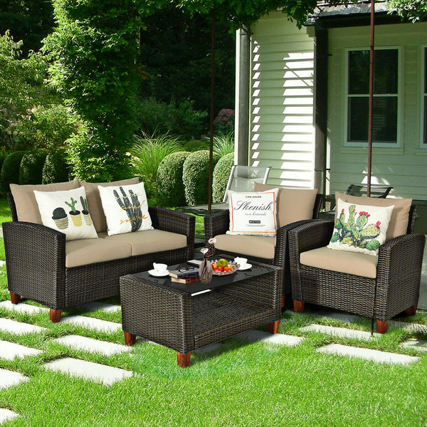 With modern and elegant appearance  the set will fit any style of decoration and decors perfectly. Â  Made of PE wicker and sturdy frame  the set has a large weight capacity and is weather-proof for durable use. Both single chair and loveseat feature ergo