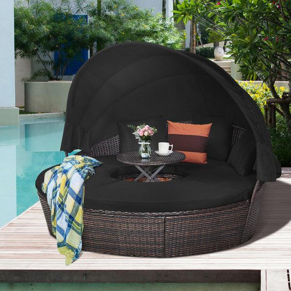Includes: 1 x Rattan round daybed  4 x Sector cushion  3 x Pillow  1 x User guide<br>Will be delivered in 4 packages so the arriving time may vary<br>Durable and sturdy steel frame to keep stable<br>Lightweight and premium PE rattan material for long life