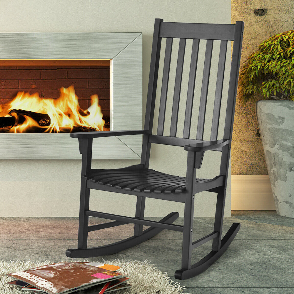 This rocking chair is constructed of premium acacia wood  which is corrosion-resistant and durable to support your long-term use. Â  Designed with contoured slatted seat  high back and widened armrest  the chair will give you comfortable sitting feeling t